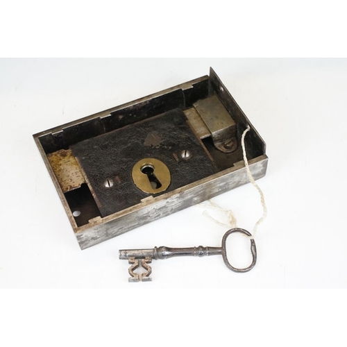 177 - Heavy duty steel safe lock & key, together with a brass door letter box (20.5cm high)