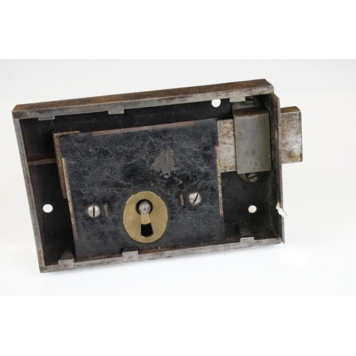 177 - Heavy duty steel safe lock & key, together with a brass door letter box (20.5cm high)