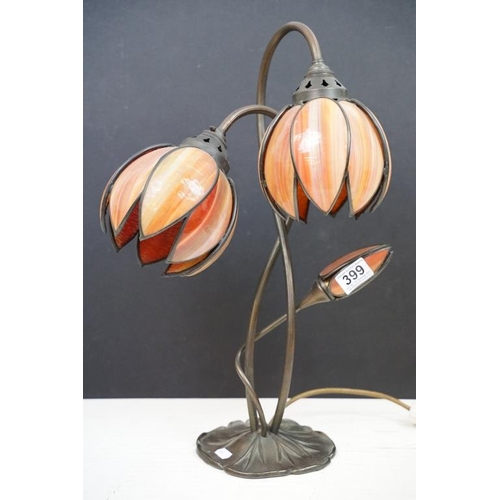 399 - Art Nouveau style Christoper Wray solid brass ' Lotus ' table lamp with two opaque glass shades and ... 