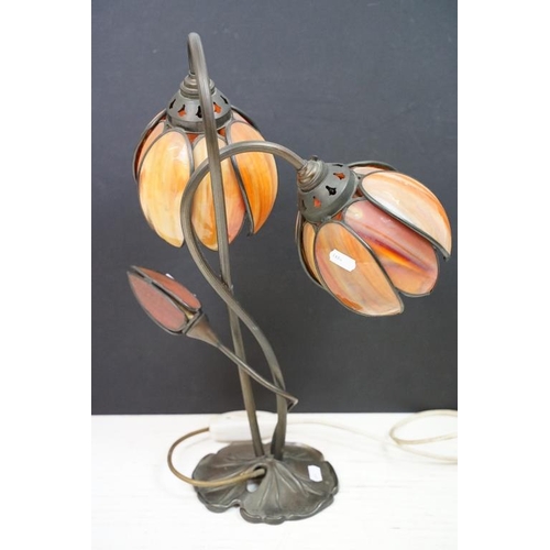 399 - Art Nouveau style Christoper Wray solid brass ' Lotus ' table lamp with two opaque glass shades and ... 