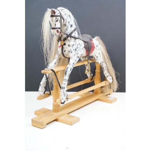 400 - Victorian style miniature painted wooden rocking horse, with hair mane & tail, leather saddle & bras... 