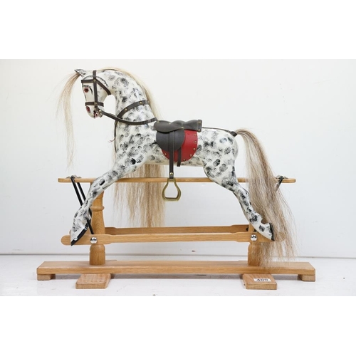 400 - Victorian style miniature painted wooden rocking horse, with hair mane & tail, leather saddle & bras... 