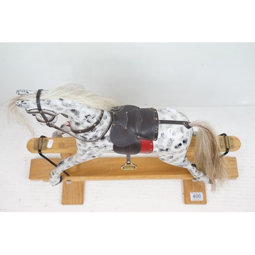 400 - Victorian style miniature painted wooden rocking horse, with hair mane & tail, leather saddle & bras... 