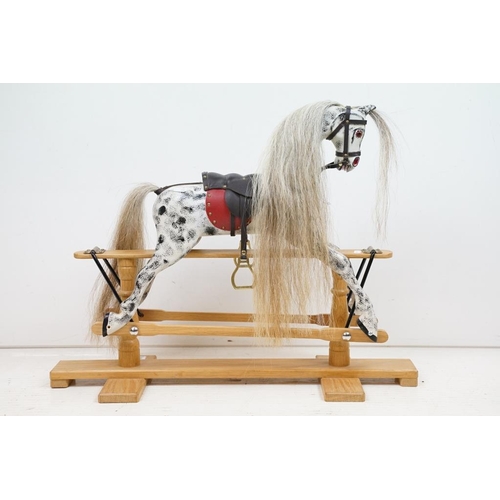 400 - Victorian style miniature painted wooden rocking horse, with hair mane & tail, leather saddle & bras... 