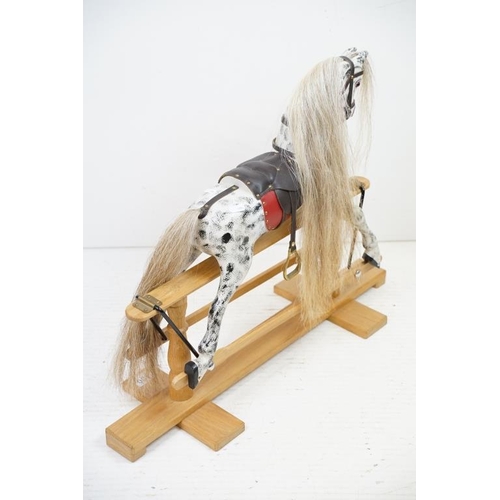 400 - Victorian style miniature painted wooden rocking horse, with hair mane & tail, leather saddle & bras... 