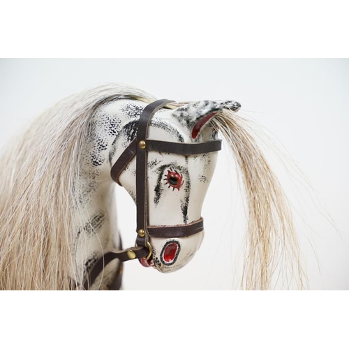 400 - Victorian style miniature painted wooden rocking horse, with hair mane & tail, leather saddle & bras... 