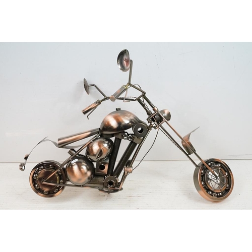 445 - Two Steam Punk type motorcycle models with copper finish. Each approx 82cm long