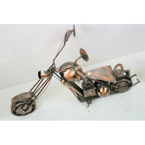 445 - Two Steam Punk type motorcycle models with copper finish. Each approx 82cm long