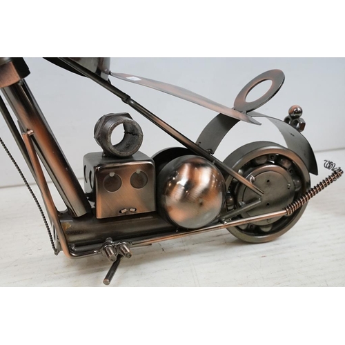 445 - Two Steam Punk type motorcycle models with copper finish. Each approx 82cm long