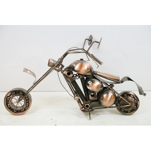 445 - Two Steam Punk type motorcycle models with copper finish. Each approx 82cm long