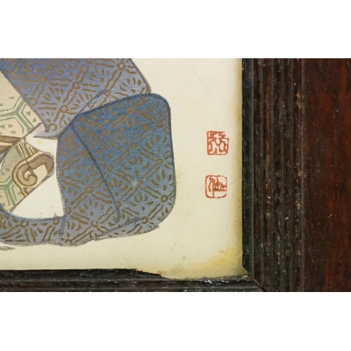 453 - Pair of Signed Japanese highlighted Woodblocks depicting traditional actors, both 17cm x 24cm