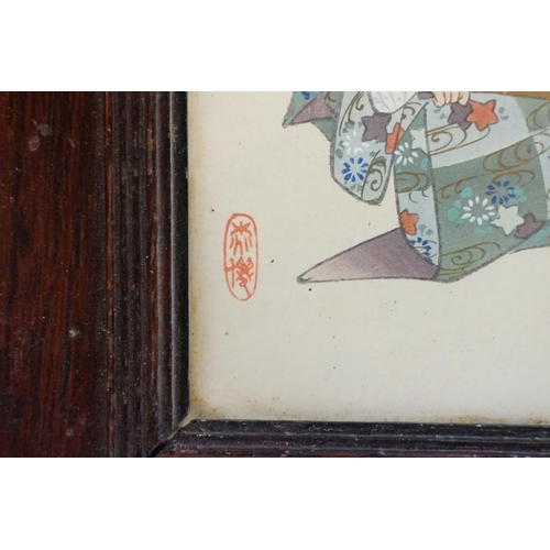 453 - Pair of Signed Japanese highlighted Woodblocks depicting traditional actors, both 17cm x 24cm