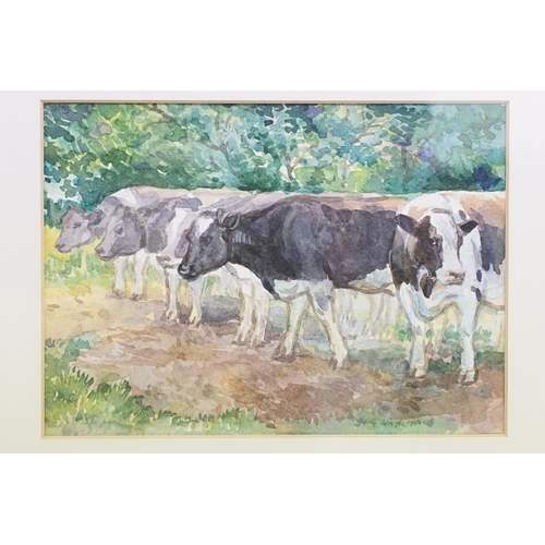 454 - M G Underwood, cows, watercolour, 14 x 19.5cm, signed lower right, framed and glazed