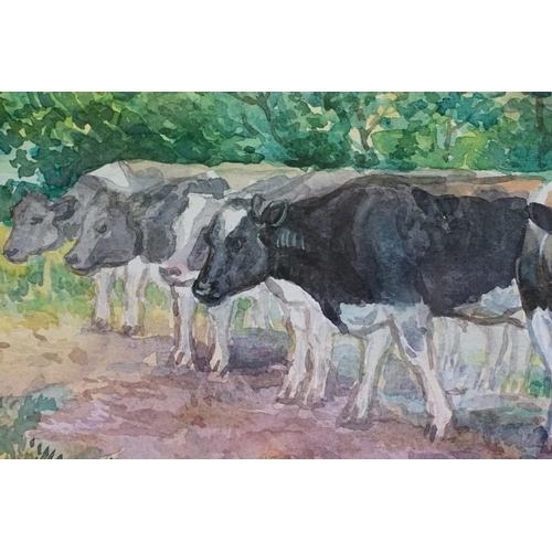 454 - M G Underwood, cows, watercolour, 14 x 19.5cm, signed lower right, framed and glazed