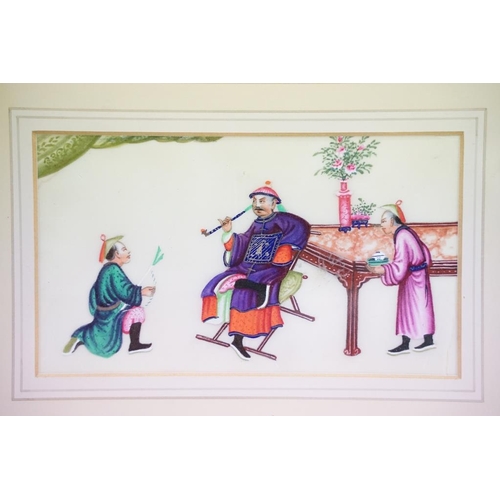 455 - Chinese painting on rice paper, depicting three figures, 10 x 18cm, framed and glazed