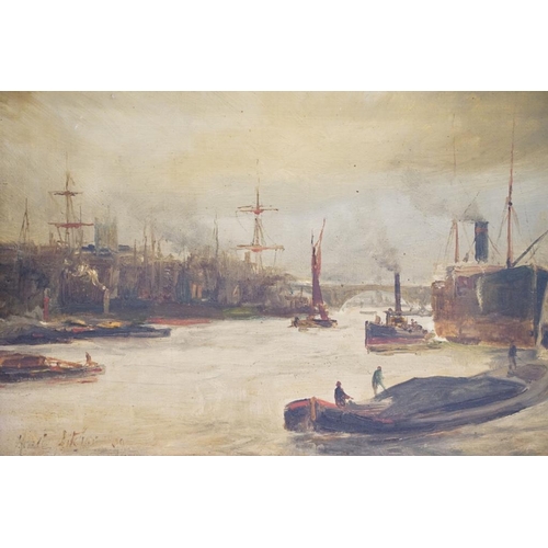 456 - English School, boats on The Thames, oil on canvas, signed indistinctly lower left, 19 x 39cm