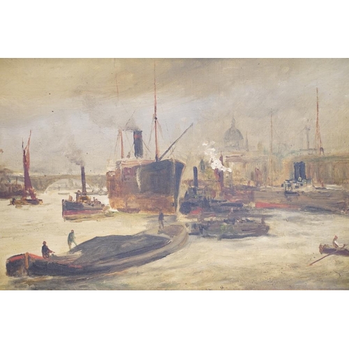 456 - English School, boats on The Thames, oil on canvas, signed indistinctly lower left, 19 x 39cm