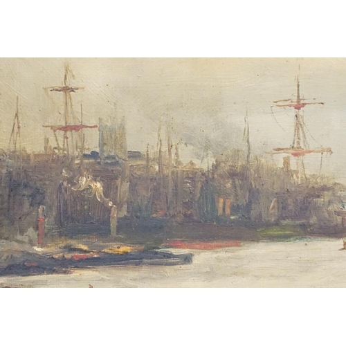 456 - English School, boats on The Thames, oil on canvas, signed indistinctly lower left, 19 x 39cm