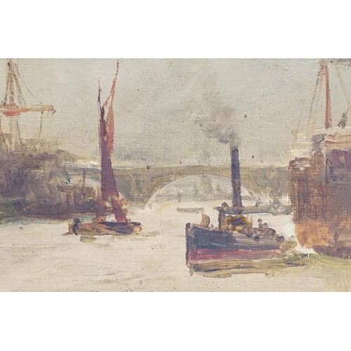 456 - English School, boats on The Thames, oil on canvas, signed indistinctly lower left, 19 x 39cm