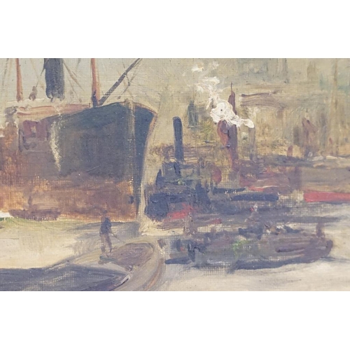 456 - English School, boats on The Thames, oil on canvas, signed indistinctly lower left, 19 x 39cm