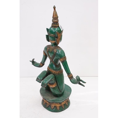 169 - Green lacquered & gilt wooden sculpture of a kneeling Thai Buddhai, with jewel effect decoration, ra... 