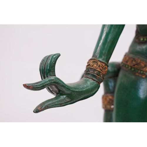 169 - Green lacquered & gilt wooden sculpture of a kneeling Thai Buddhai, with jewel effect decoration, ra... 