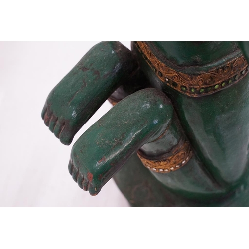 169 - Green lacquered & gilt wooden sculpture of a kneeling Thai Buddhai, with jewel effect decoration, ra... 