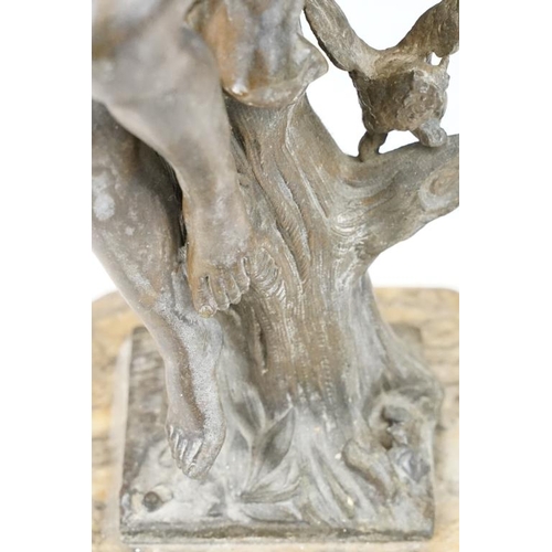 171 - Bronze lamp base in the form of a lady with batwings holding a torch aloft, raised on a marble base ... 