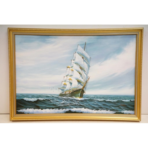 525 - L Young, a ship at sea, oil on canvas, signed lower right, 60 x 91cm, J Song, a ship at sea, signed ... 