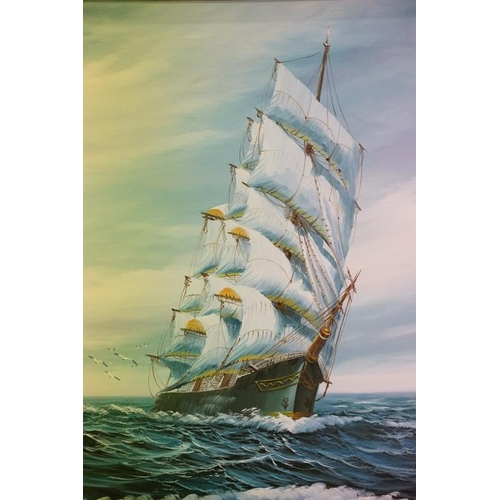 525 - L Young, a ship at sea, oil on canvas, signed lower right, 60 x 91cm, J Song, a ship at sea, signed ... 