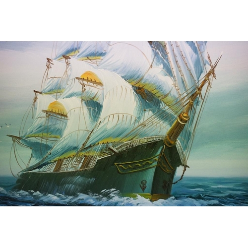 525 - L Young, a ship at sea, oil on canvas, signed lower right, 60 x 91cm, J Song, a ship at sea, signed ... 