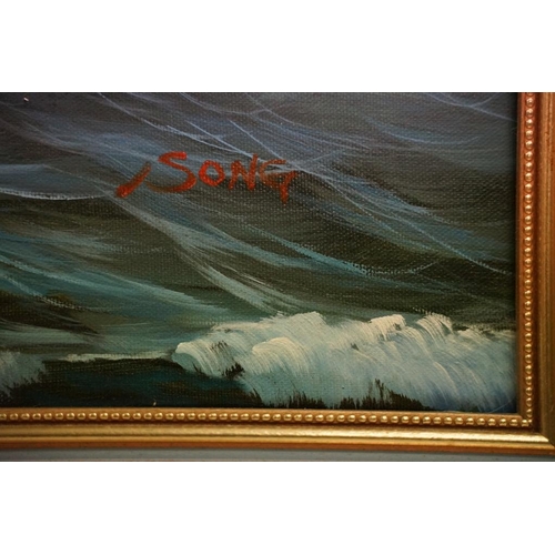 525 - L Young, a ship at sea, oil on canvas, signed lower right, 60 x 91cm, J Song, a ship at sea, signed ... 