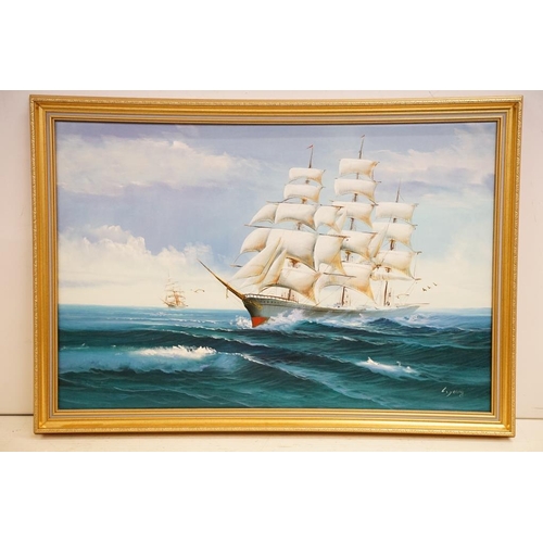 525 - L Young, a ship at sea, oil on canvas, signed lower right, 60 x 91cm, J Song, a ship at sea, signed ... 