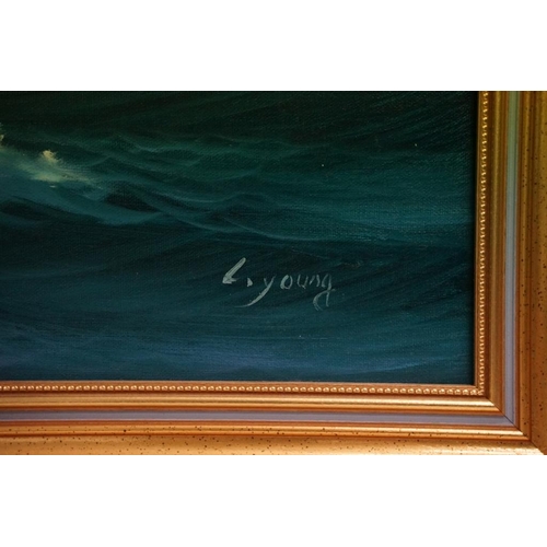 525 - L Young, a ship at sea, oil on canvas, signed lower right, 60 x 91cm, J Song, a ship at sea, signed ... 