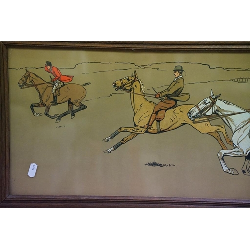 526 - After Cecil Aldin, horse and hounds, colour print, 42.5 x 108cm, in the manner of Cecil Aldin, horse... 