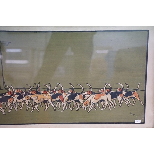 526 - After Cecil Aldin, horse and hounds, colour print, 42.5 x 108cm, in the manner of Cecil Aldin, horse... 