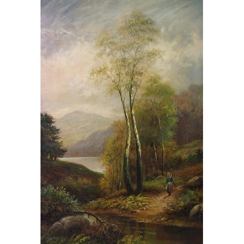 527 - Two 19th century oil on canvas lakeland views, signed 'Frank Allen?', one depicting a shepherd and h... 