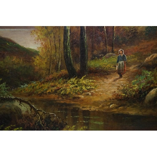 527 - Two 19th century oil on canvas lakeland views, signed 'Frank Allen?', one depicting a shepherd and h... 