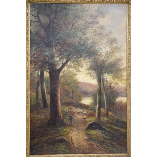 527 - Two 19th century oil on canvas lakeland views, signed 'Frank Allen?', one depicting a shepherd and h... 