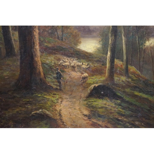 527 - Two 19th century oil on canvas lakeland views, signed 'Frank Allen?', one depicting a shepherd and h... 