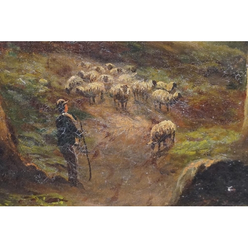 527 - Two 19th century oil on canvas lakeland views, signed 'Frank Allen?', one depicting a shepherd and h... 