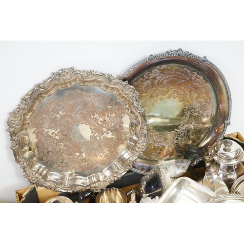 418 - Large collection of mixed silver plate to include salvers (largest approx 34cm diameter), serving tr... 