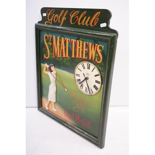 531 - St Matthews Golf Club ' Members Only Gold Medal ' painted wooden wall clock, with relief decoration ... 