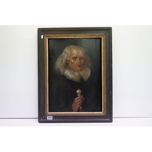 534 - Late 17th / early 18th century oil on panel portrait of an old gentleman wearing ruff, holding a sil... 