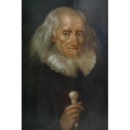 534 - Late 17th / early 18th century oil on panel portrait of an old gentleman wearing ruff, holding a sil... 