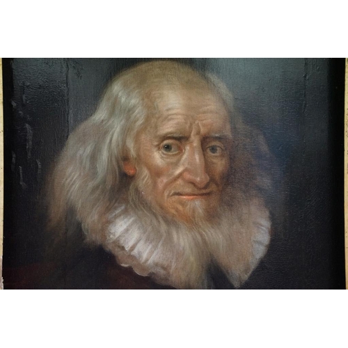 534 - Late 17th / early 18th century oil on panel portrait of an old gentleman wearing ruff, holding a sil... 