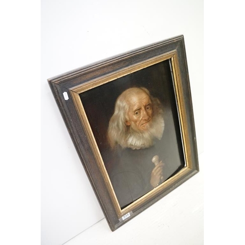 534 - Late 17th / early 18th century oil on panel portrait of an old gentleman wearing ruff, holding a sil... 