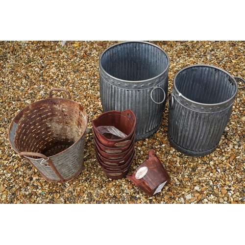 540 - Two galvanised metal planters of ribbed form, twin-handled (largest approx 49cm high), together with... 