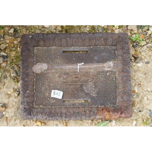 542 - 19th Century cast iron boot scraper of square form, with cast decoration to border, approx 37cm wide