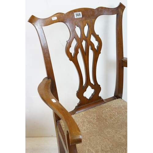 568 - Set of Six Mahogany Dining Chairs in the George III manner, each with carved pierced splats and drop... 